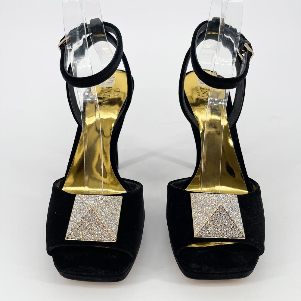 Valentino Garavani Black Velvet Crystal One Stud Stiletto Strappy Sandals EU 38 - Picture 5 of 11